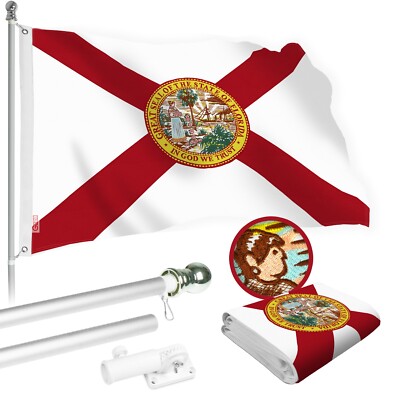 G128 Combo: 5 Ft Flagpole Silver & Florida FL State Flag 2.5x4 Ft Embr Spun Poly