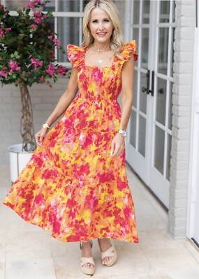 pink orange yellow floral dress Zyla Yellow Hibiscus Floral Print Cowl Mini Dress - US 2