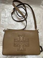 Tory Burch Tan Brown Harper Large Logo Crossbody Bag Wallet Leather 8x5”
