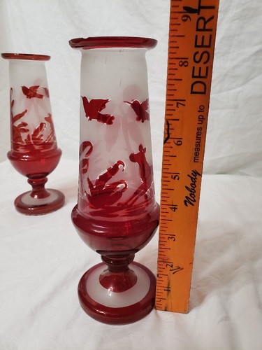 VTG (2) Bohemian Victorian Ruby Red Flash & Frosted Vase Birds & Flowers Used - Picture 6 of 12
