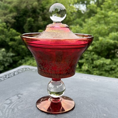 Mid Century Paden City Elegant Glass Ruby Flash Etched Footed