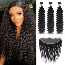 Deep Wave Human Hair Bundles with13X4 Lace Frontal Virgin Remy Hair Extension