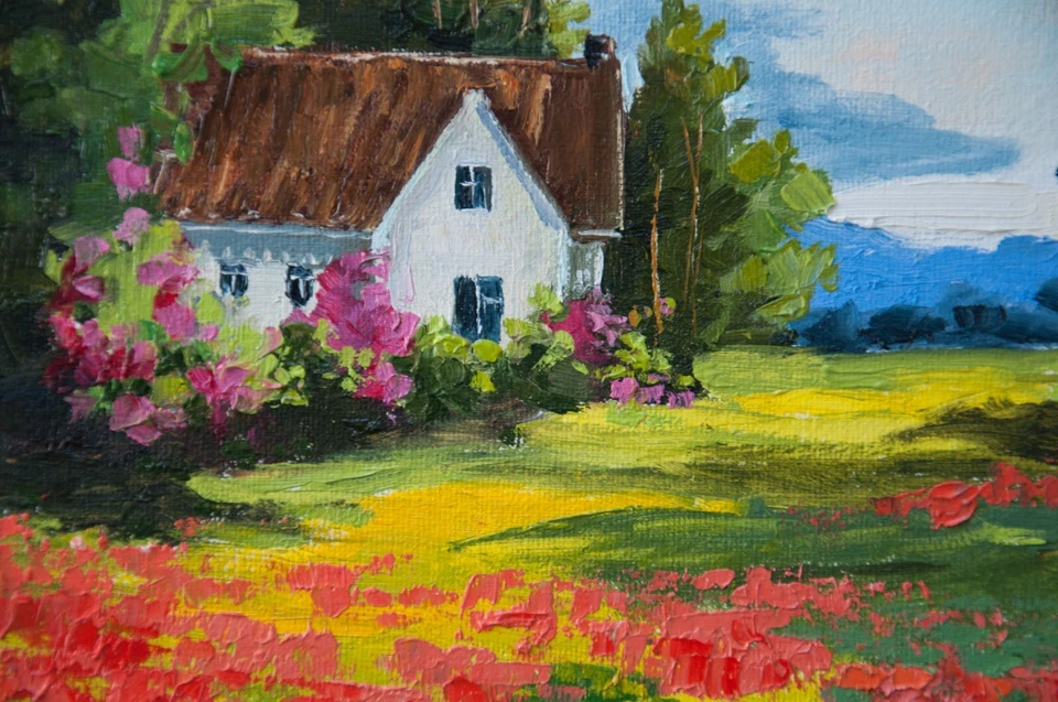 Картина маслом страны пейзаж оригинальное искусство на холсте маки цветочное поле - Изображение 3 из 4