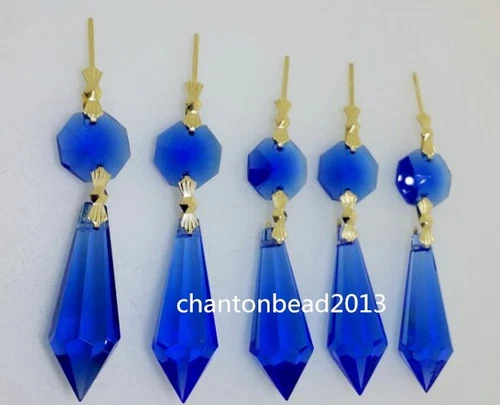 10pcs 38MM+14MM BLUE CHANDELIER GLASS CRYSTALS LAMP PRISMS PARTS HANGING DROPS - Picture 2 of 2