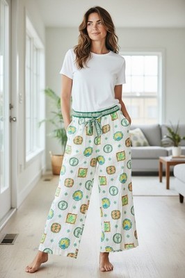 Maison D' Amelie Linen  Wide Leg Tie Waist Printed Pants