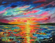 Sunset Ocean Seascape. Original Painting on Canvas. Coastal Art. 11x14" OOAK