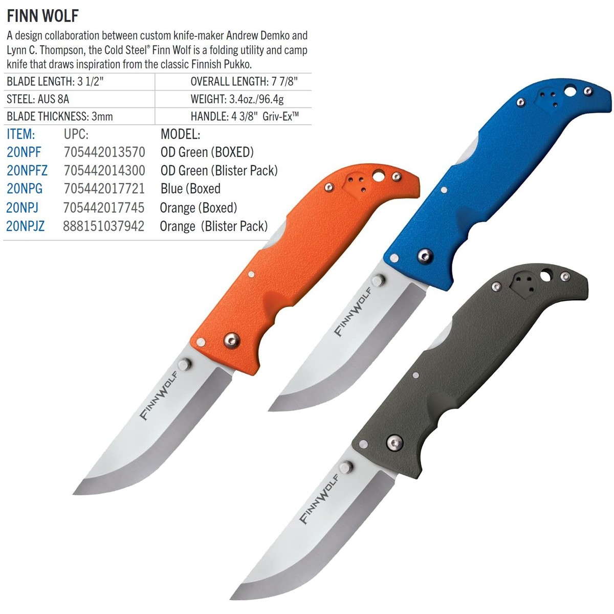 Cold Steel Finn Wolf 3.5in AUS8A Razor-Sharp Folding Knife OD