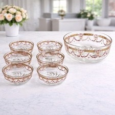 Vintage MCM Cerve DeValbor Italy Fruit/Dessert Bowls 6 Pc Set Red & Gold Swag