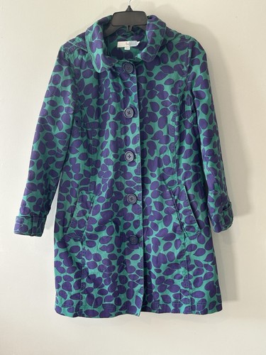 Boden Hooded Rain Coat Women's US10 Green Purple Cotton Fleece Lined Button Zip