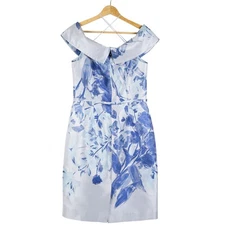 Rickie Freeman for Teri Jon Floral Print Fit & Flare Dress Blue Cocktail Party