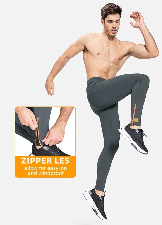 BALEAF Calzas de Correr Calzas Térmicas de Ciclismo, Tobillos con Cremallera, Gris Oscuro, Medianas Foto 3 de 4