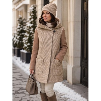Soia & Kyo Wool Coat Small Cream Camel Hooded Button Up Jacket Made in Canada
