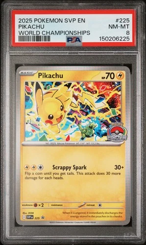 2025 POKEMON SVP EN-SV BLACK STAR PROMO WORLD CHAMPIONSHIPS #225 PIKACHU PSA 8