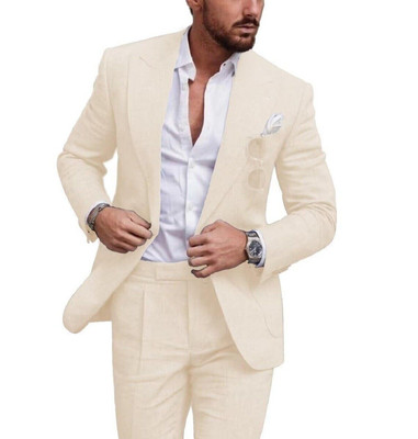 Linen Summer Men Suits for Wedding Groom Tuxedos Casual Beach Suit Set