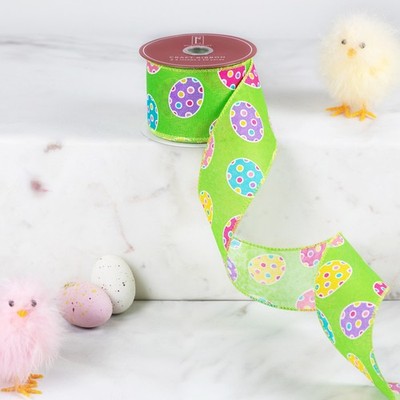 Northlight Green Easter Egg Design Wired Spring Craft Ribbon 2.5'' x 10 Yards