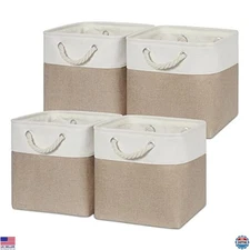 Temary 11x11 Fabric Storage Bins - 4 Pack Stylish Cube Organizers, White & Khaki