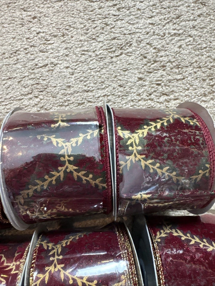 Christmas Ribbon Burgundy Swirl A Lot Of 19 Rolls 2.5”x 10 Yards. Raised Velvet - Image 4 of 4