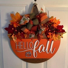 Hello Fall Front Door Sign Autumn Wreath Maple Leave Bow Pumpkin for Porch Decor