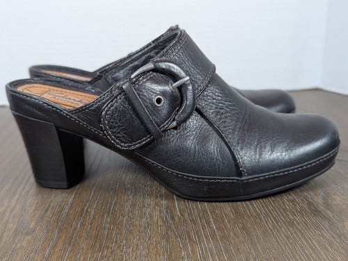 Clarks Artisan Clogs Mules Leather Womens 7.5 M Black Buckle 2" Block Heel - Picture 6 of 14