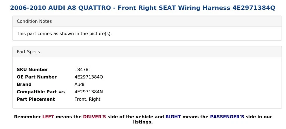 AUDI A8 QUATTRO 2006-2010 - Arnés de cableado asiento delantero derecho 4E2971384Q Foto 3 de 4
