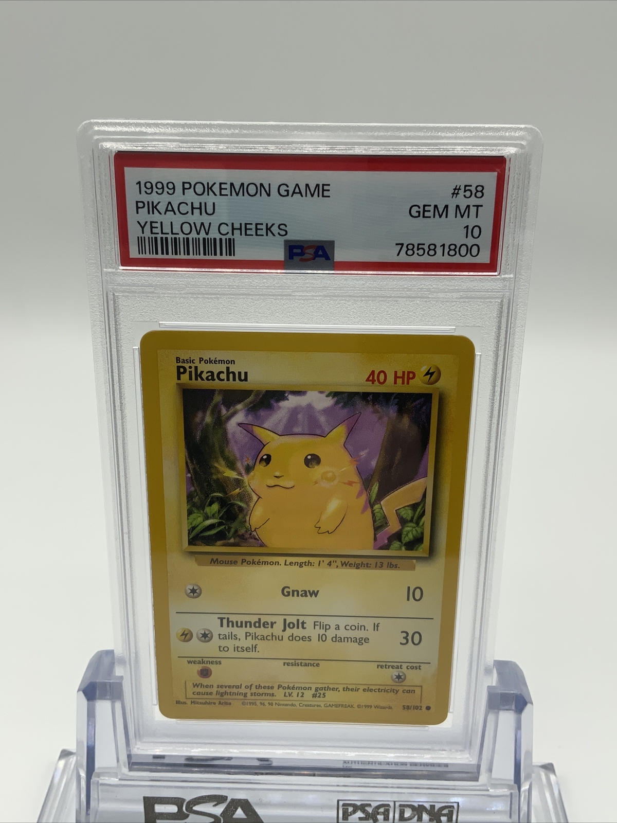 1999 Pokémon Game Pikachu Yellow Cheeks Card #58 PSA 10 Gem Mint