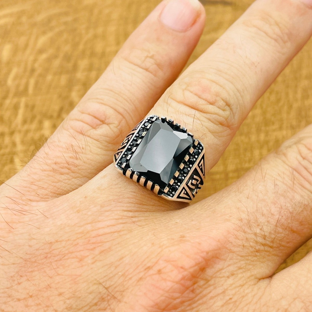 Mens 925K Sterling Silver Ring, Square Black Onyx Stone Men