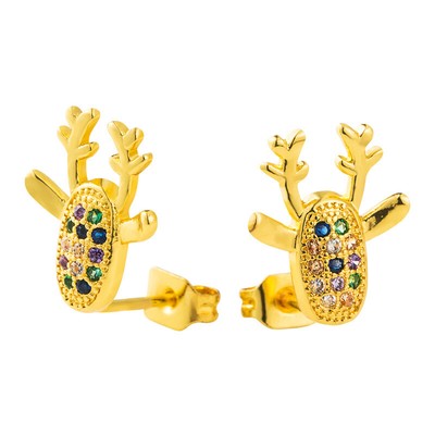 Hirsch Rentier Ohrstecker Gelbgold mit Strasssteinen Weihnachtsschmuck Neu
