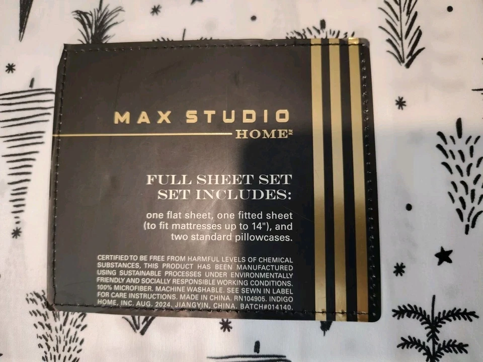 Max Studio Home Full Sheet Set Microfiber White W/Black Christmas Trees & Stars - Image 4 of 4