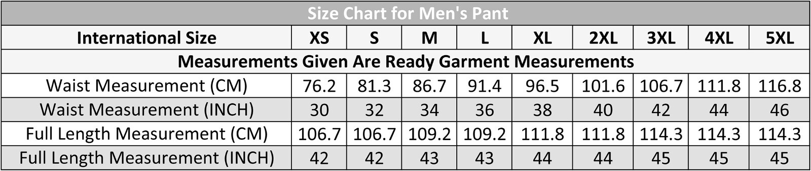 Size Chart Men Gothic Pant