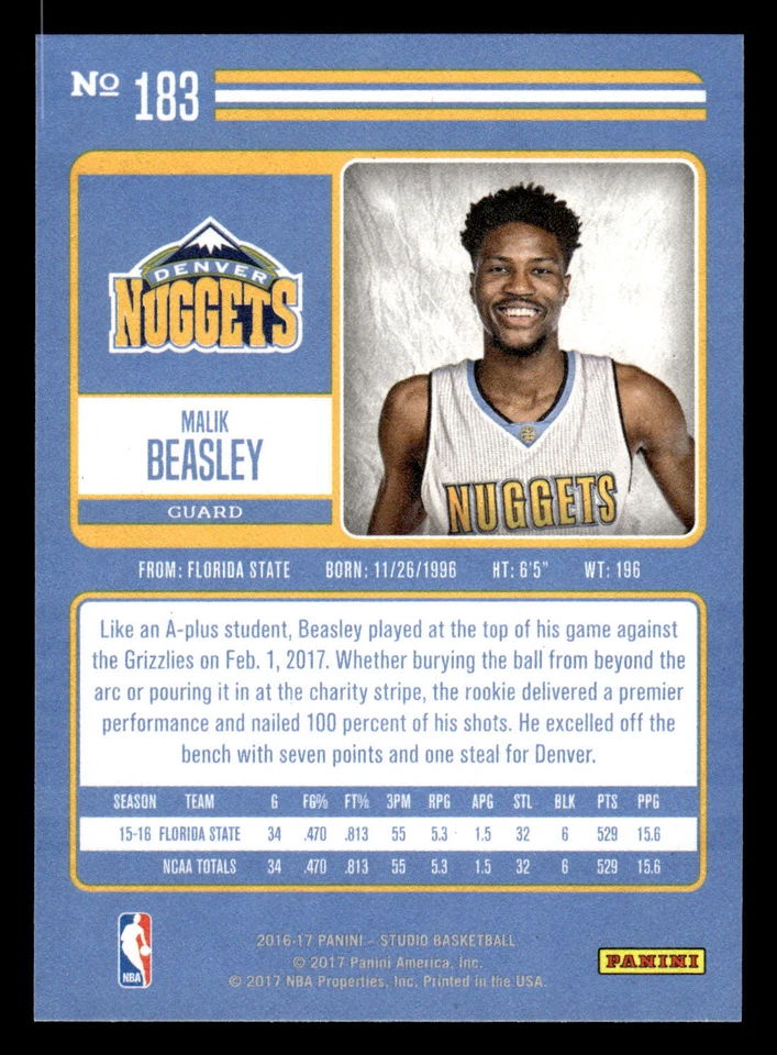 2016-17 Panini Studio Malik Beasley Studio Edition RC #183 - Image 2 of 2