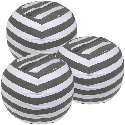PARTY ZEALOT 3-pack Stuffed Animal Storage Bean Bags for Kids Room, White Grey Stripes, 23"