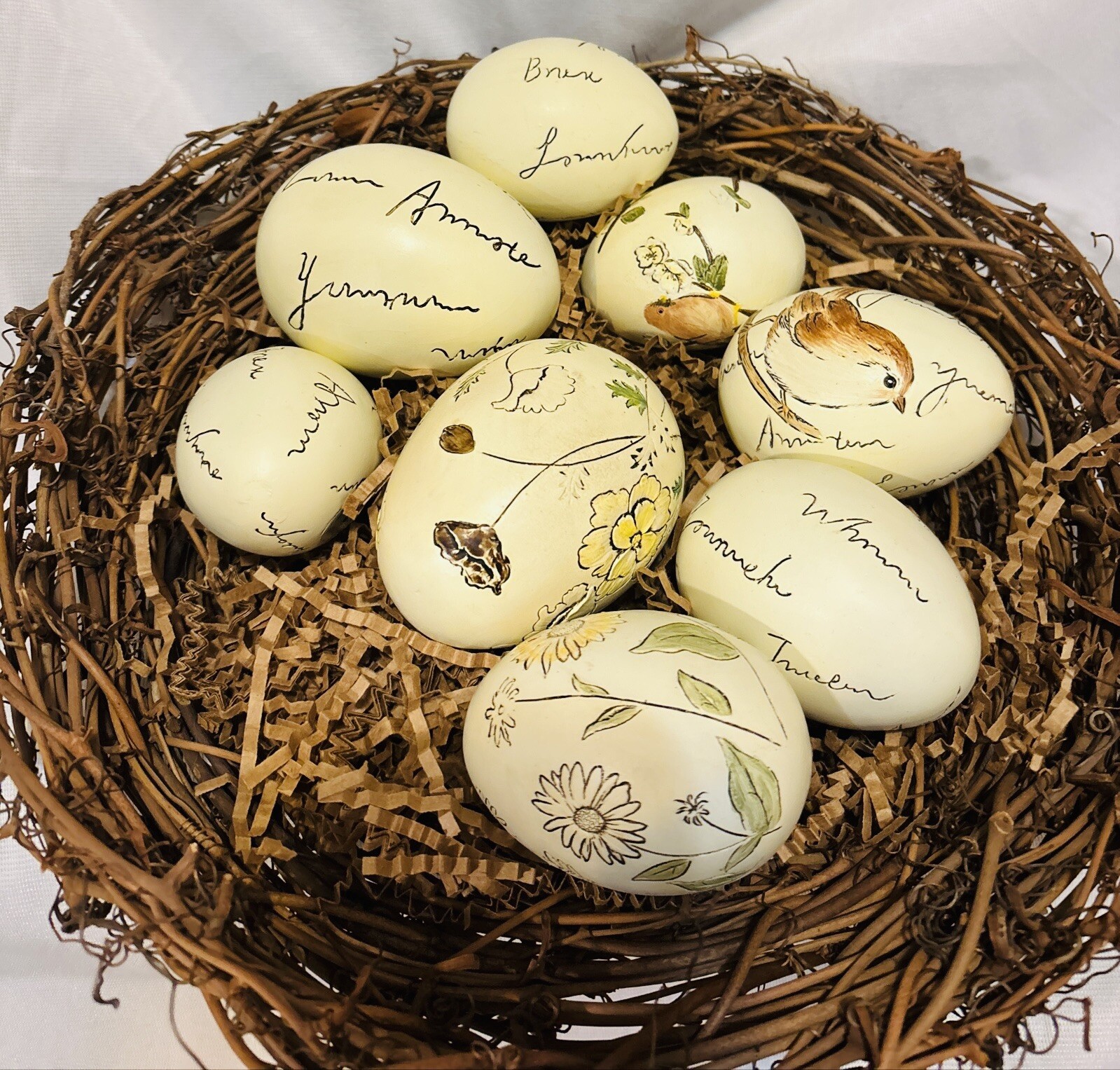 Ceramic Eggs Hand Painted Birds in Large Nest Set of 8 Multi 3 1/4
