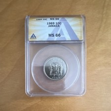 Jamaica 10 Cents 1969 ANACS MS 66 Copper-Nickel Coin KM#36 Certified #5298899 Jamaica 10 Cents 1969 ANACS MS 66 Copper-Nickel Coin KM#36 Certified #5298899