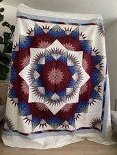 Vintage Lone Star Medallion Quilt 96x96 Hand Quilted King Blue Burgundy
