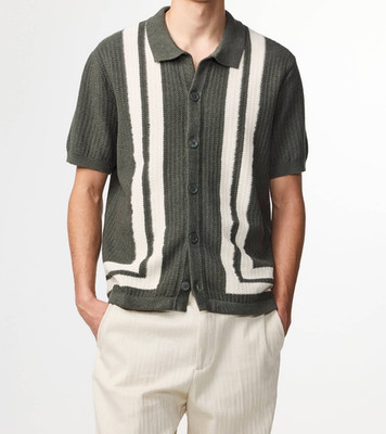 NN07 Polo Shirt Mens Medium Green Stripe Organic Cotton Knit Button Up ARES $285