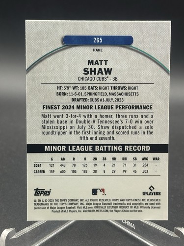 Matt Shaw 2025 Topps Finest Rare Rookie Checkerboard #265 Chicago Cubs RC - Picture 2 of 2