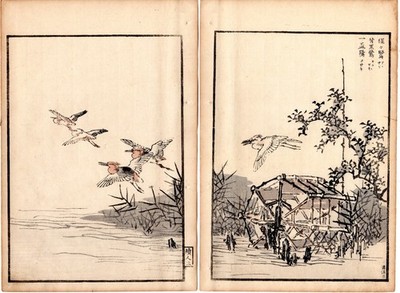 2 Antique 1884 Meiji Kono Bairei Woodblock Prints: Egrets taking flight, birds