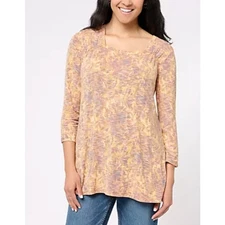 NWOT LOGO by Lori Goldstein QVC Square Neck Top M Fall Spice Print Gold Autumn