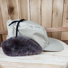 Vintage Eddie Bauer Hat Cap Fitted Mens Large Tan Goose Down Fur Earflap 80s