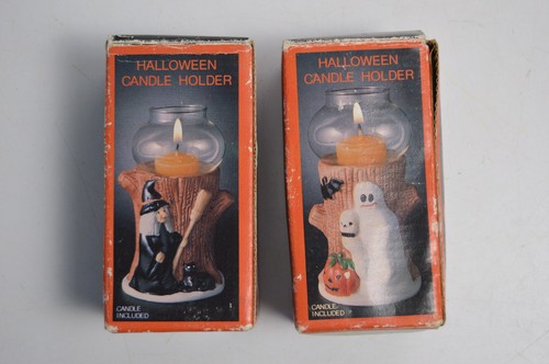 2 Vintage Halloween Candle Holders Witch Jack-O-Lantern 1980's Retro Ceramic
