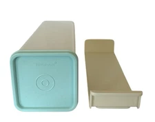 Vtg Tupperware #1696 3 Piece Clear w/ Aqua Blue Lid Block Cheese Cracker Keeper