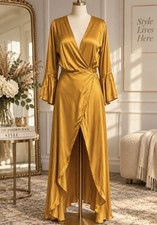 Meo Meli Gold Wrap Maxi Dress Bell Sleeve High Low Boho Glam Italy Chic Small