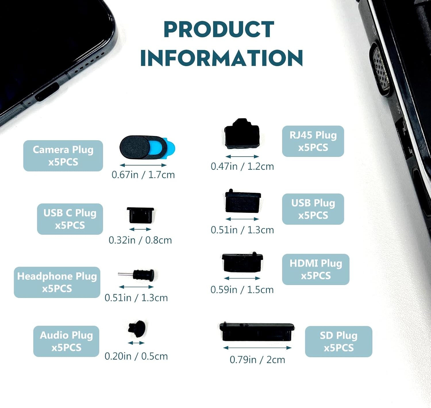 40PCS Silicone Anti-Dust Port Plugs – USB, USB-C, HDMI, RJ45, SD, Audio & Camera