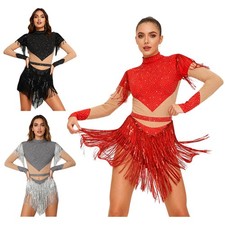 Women Fringe Latin Tango Dance Dress Sparkly Rhinestone Sequin Tassel Bodysuits