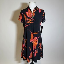 NWT MSK Womens Black Floral Print Zip Neck Short Sleeve Shirt Dress Size M
