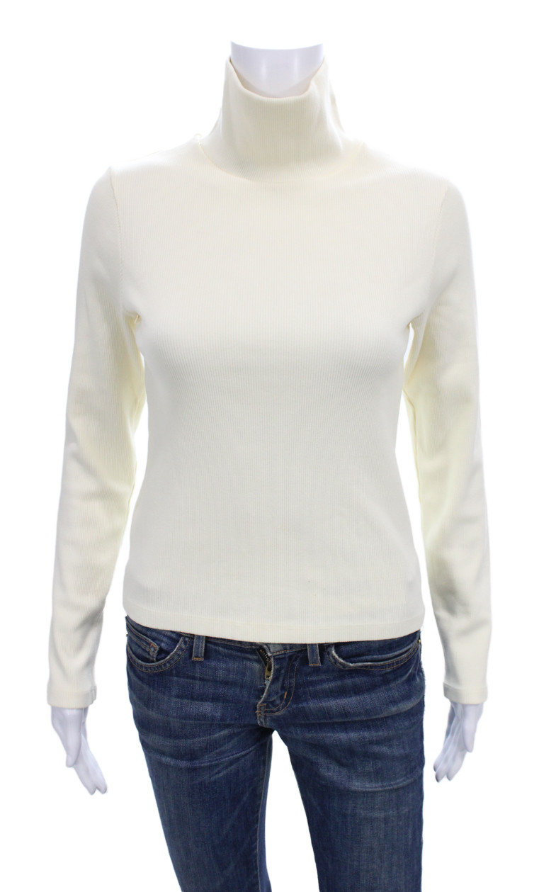Donni Women Basic Ivory Cotton Blend Turtleneck Long Sleeve T-Shirt Size SFree Shipping in US $100+ Orders | $6.95 Orders Below