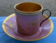 Early 19th Century Old Paris Pink w Heavy Gold Demitasse Cup & Saucer Set 1809