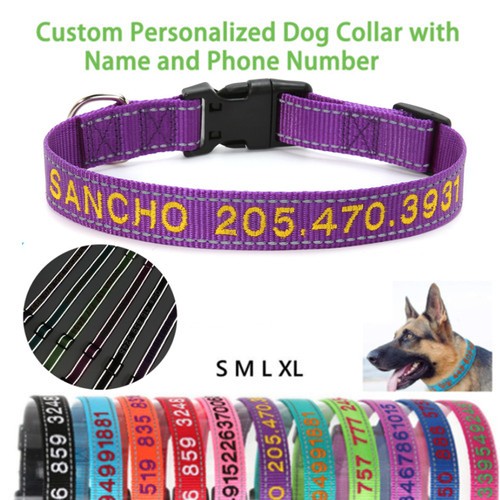 Personalized Dog Collar – Embroidered Reflective Nylon with ID, Name & Phone US