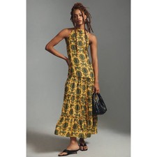 Farm Rio Satin Halter Dress Yellow Tiered Pockets Size XS Resortwear