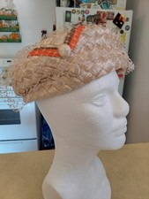 Vintage Walter King Woven Straw Raffia Pillbox Hat With Veil Size Small